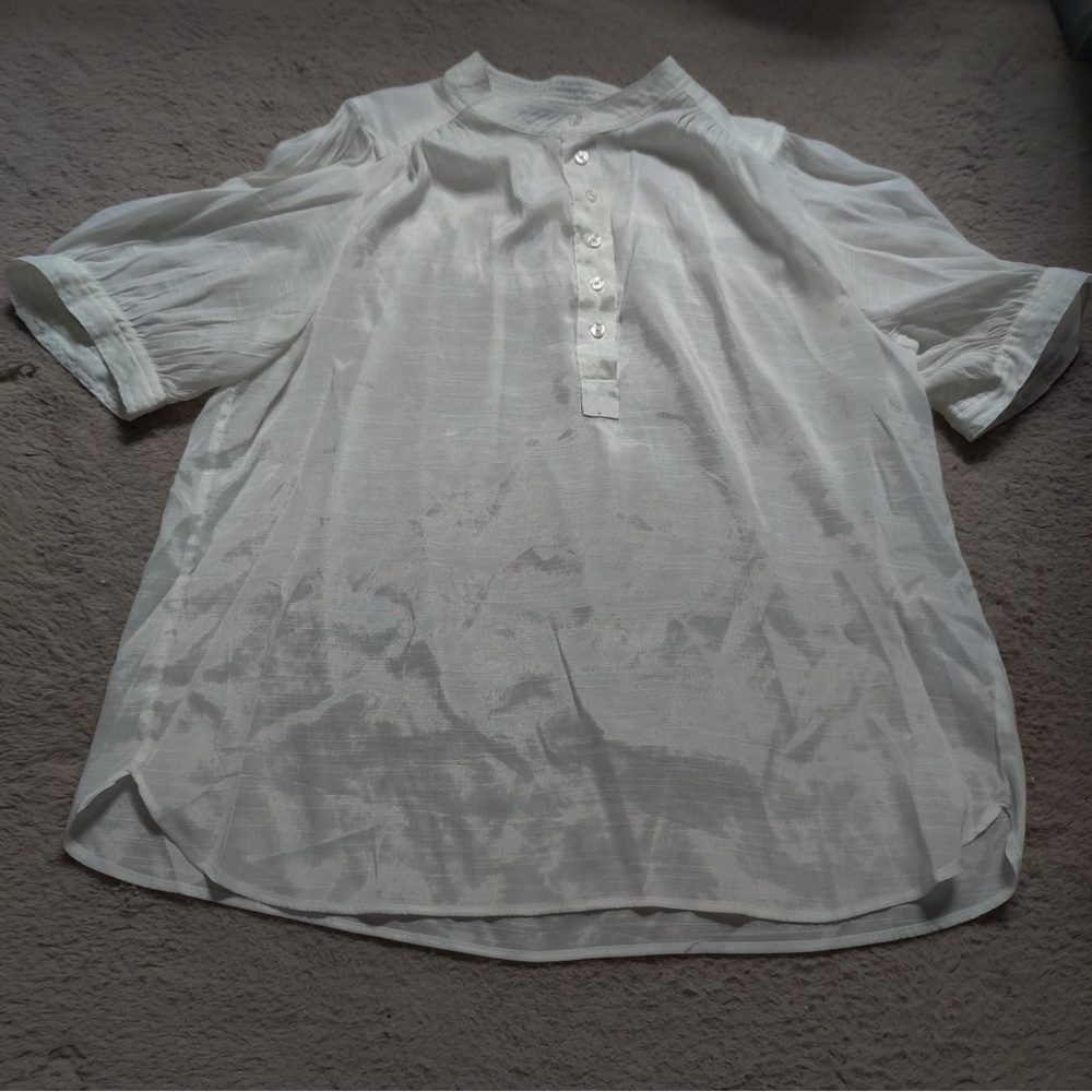 Banana Republic Factory White Half Placket Satin Blouse Short Sleeve Button Sz L